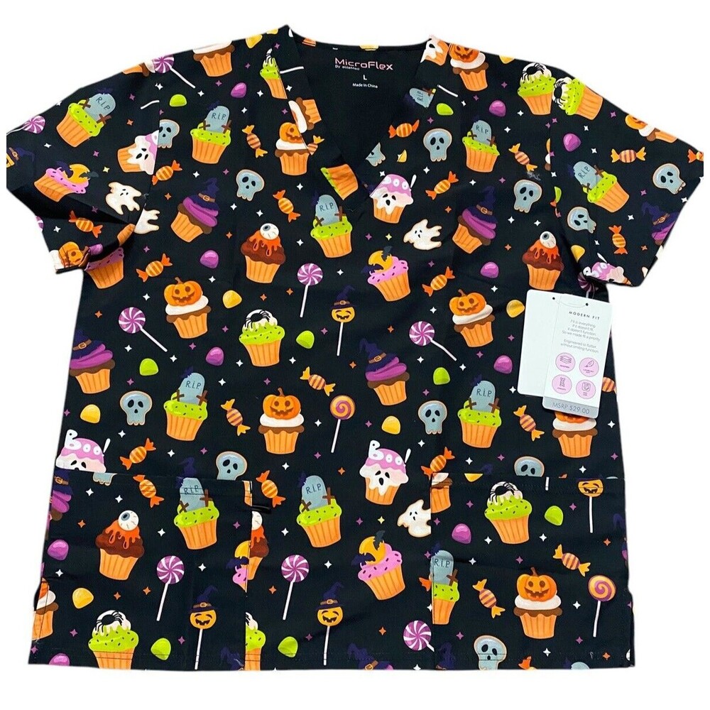 Microflex Unisex Halloween Scrub Top - Candy & Cupcakes - Size L - NEW
